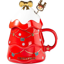 Mug de Noël en céramique avec couvercle à motif neige et bâtonnet mélangeur 500 ml (17 oz) en forme de sapin de Noël