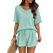Women's two-piece linen shorts set, vacation , V-neck-Green XL