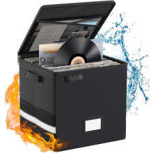 Hodufy Record Storage Box with Lock & 3 Portable Handles,Fireproof & Water Resistant Record Organizer Storage for 100+ Single Records,Collapsible Sto