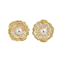 French Vintage Hollow Flower Pearl Stud Earrings, Elegant Party Daily Accessories