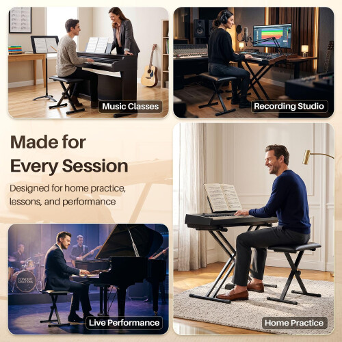 Flexzion Folding Piano Bench - Adjustable Keyboard Bench Seat with Padded Cushio