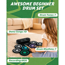 STRICH Electric Drum Set, 9-Pad Roll Up Portable Practice Electronic Drum Kit with Built-in Speaker, Drum Pedals & Sticks, 10 Hours Playtime for Begi