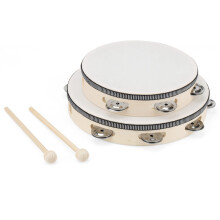 MANCHAP 2 Pack 2 Sizes Wooden Tambourine, 8 Inch & 10 Inch Handheld Tambourine, Wooden Hand Drum with Jingle Bells, Percussion Musical Instrument for