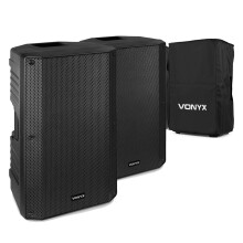 Vonyx VSA15 15" Active PA Speaker Pair with Protective SC15 Heavy-Duty Nylon Covers - Powerful 1000W Bi-Amp Sound System for DJs, Bands & Events