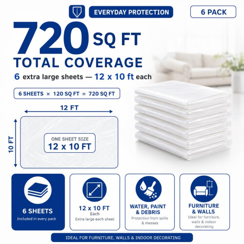 Raulde 6 Pack Extra Large Plastic Dust Sheets for Decorating 3.6 x 3m (12 x 10ft 1