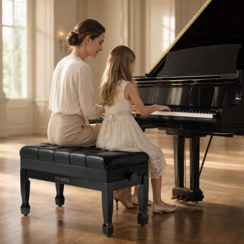 FILISITE Genuine Leather Piano Bench,Duet Piano Bench with Storage,Adjustable He 1