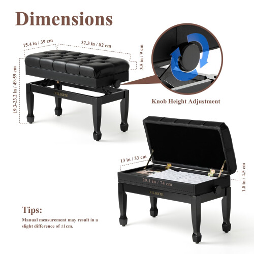 FILISITE Genuine Leather Piano Bench,Duet Piano Bench with Storage,Adjustable He 2