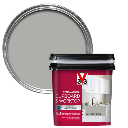 V33 Renovation Cupboard & Worktop Paint, Loft Grey Satin, 750ml