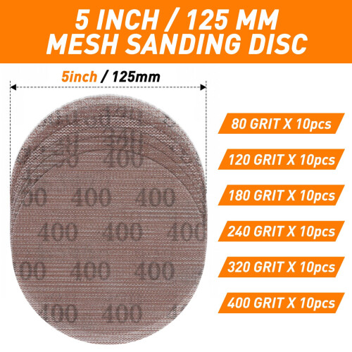 pihemum 60 Pcs Mesh Sanding Discs 125mm 80-400 Grit 1