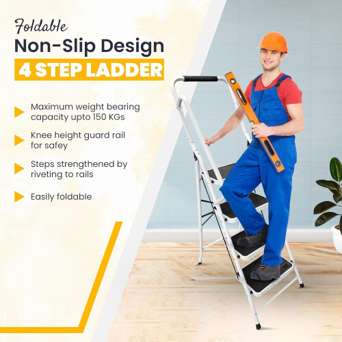 HH Home Hut 4 Step Safety Ladder - Compact Folding Step Stool for Kitchen, Rail 1