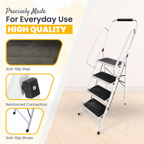 HH Home Hut 4 Step Safety Ladder - Compact Folding Step Stool for Kitchen, Rail 2