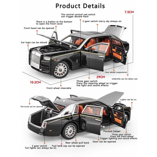 (Black with box)1:18 Rolls-Royce Phantom Alloy Car Model Simulation Sound And Light Pull Back Toy Car 2