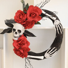 Μενταγιόν Halloween - Διακόσμηση με Κύκλο από Ρατάν - Μαύρα και Χρυσά Τριαντάφυλλα