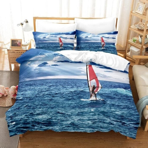 Σετ 3 τεμαχίων για κρεβάτια Surf by the Sea - Τρισδιάστατη εκτύπωση - Μπλε - 220x240 εκ.