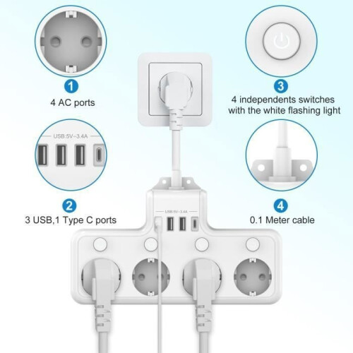 Πολύπριζο Largeight - 4 Πρίζες - 4000W - 16A - 4 Μεμονωμένοι Διακόπτες - 3 USB-A, 1 USB-C 1