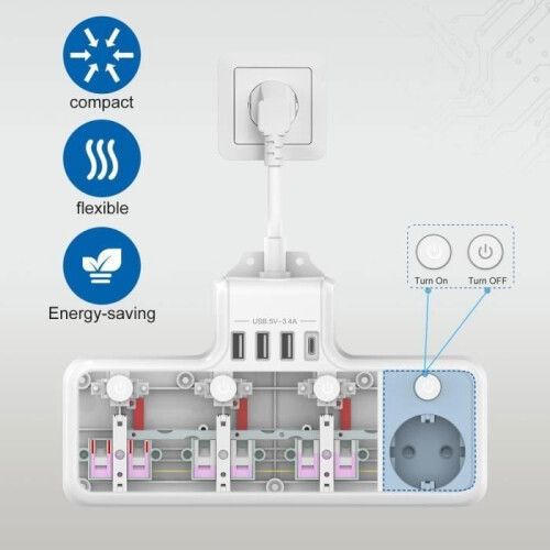 Πολύπριζο Largeight - 4 Πρίζες - 4000W - 16A - 4 Μεμονωμένοι Διακόπτες - 3 USB-A, 1 USB-C 2
