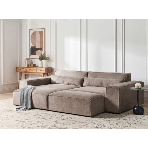 Beliani Modular Corner Sofa 3 Seater HELLNAR with Ottoman Fabric Light Brown Right Hand 1