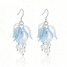 Gradient Blue Petal Tassel Drop Earrings with Imitation Pearl, Silver Hook Light Fairy Floral Dangle Ear Jewelry