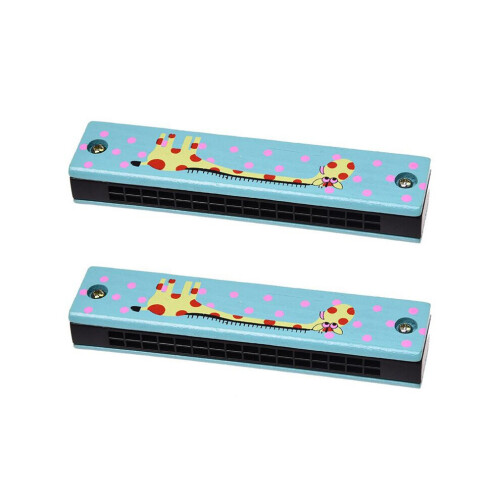 2X Wooden Giraffe Pattern Dual Row 32 Hole Children's Harmonica Blue