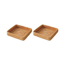 2 bandejas de servir de ratán, bandeja cuadrada tejida, cesta de almacenamiento de mimbre, cestas cuadradas