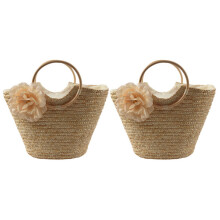 2x Damen-Strohhandtasche mit Blumenmuster, gewebt, Sommer-Strand-Umhängetasche, Korbtasche