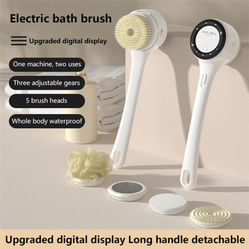 Electric Bath Brush Digital Display Auto Body Scrubber Waterproof Back Shower Tool Long Handle Rechargeable 1