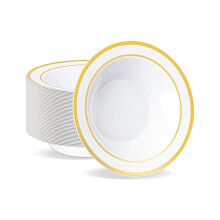 50 plastic bowls with gold rim, 19 cm, 340 ml, disposable soup bowls, sturdy dessert and salad bowls for parties and weddings