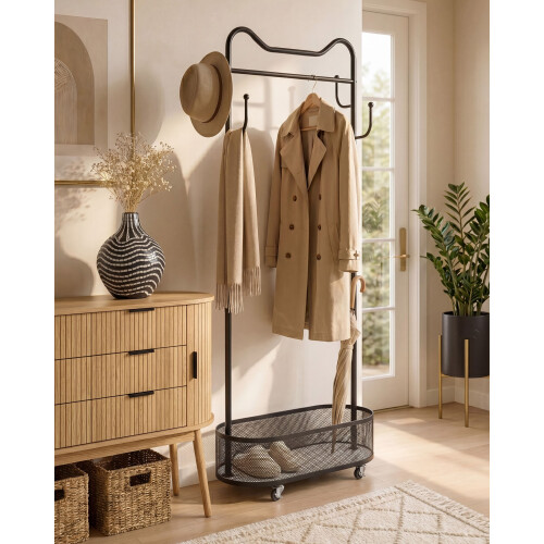 Beliani Coat Stand ROUSSILION with Shelf with Wheels Black 1