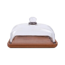 Butterdose aus Glas mit Holzdeckel, transparente Käsedose in gewölbter Form, Butterdose für Tisch und