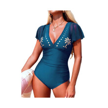 Bauchweg-Badeanzug für Damen, figurformender Badeanzug aus transparentem Netzgewebe, Sarong-Wickelkleid,