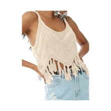 Damen-Top im Western-Cowgirl-Stil mit Fransen, ärmellos, V-Ausschnitt, Häkelmuster, Spaghettiträgern,