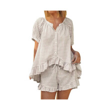 Damen-Pyjama-Set mit Vichy-Karo, 2-teilig, mit Puffärmeln, Rüschen-Babydoll-Top und Shorts, Sommeroutfit,