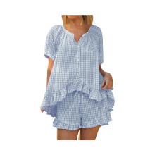 Damen-Pyjama-Set mit Vichy-Karo, 2-teilig, mit Puffärmeln, Rüschen-Babydoll-Top und Shorts, Sommeroutfit,