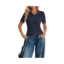Women's striped golf shirt, relaxed fit, short sleeves, summer sweater, stretch blouse for business and leisure, dark blue, size L