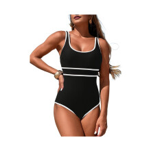 Damen-Badeanzug mit Farbblockmuster, sportlich, mit Bauchkontrolle und frechem Schnitt, weiß, Größe