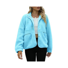 Damen-Fleecejacke, flauschig, langärmelig, kurz, Wintermantel, Knopfleiste, Oberbekleidung mit Taschen,