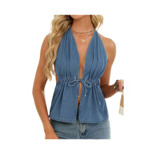 Damen-Jeansweste mit V-Ausschnitt, Schleife vorne, ärmelloses Sommertop, hellblau, Größe M