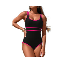 Damen-Badeanzug mit Farbblockmuster, sportlich, mit Bauchkontrolle und frechem Schnitt, rosarot, XL