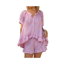 Damen-Pyjama-Set mit Vichy-Karo, 2-teilig, mit Puffärmeln, Rüschen-Babydoll-Top und Shorts, Sommeroutfit,