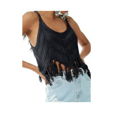 Damen-Top im Western-Cowgirl-Stil mit Fransen, ärmellos, V-Ausschnitt, Häkelmuster, Spaghettiträgern,