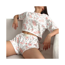 Damen-Pyjama-Set mit kurzen Ärmeln – Bequeme, weiche Loungewear mit Blumenmuster, Größe XL