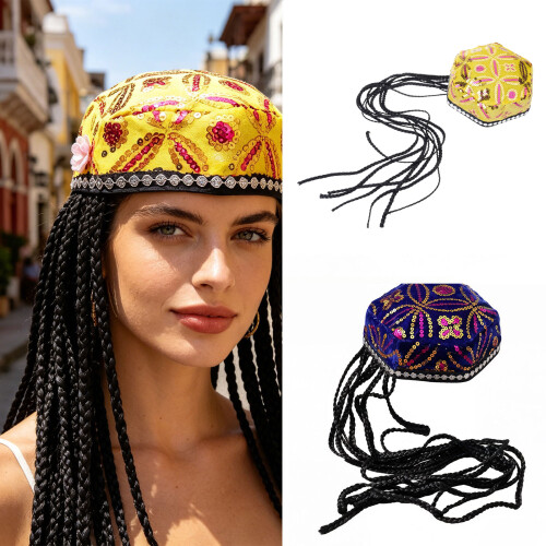 Uyghur Braid Hat Ethnic Hexagonal Cap With-Black and gold hat w 2