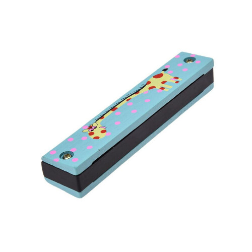 2X Wooden Giraffe Pattern Dual Row 32 Hole Children's Harmonica Blue 1