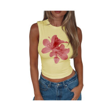Damen-Tanktop mit Y2K-Blumenmuster, schmale Passform, ärmellos, kurz geschnitten, Rundhalsausschnitt,