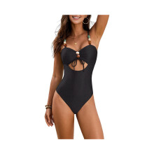 Einteiliger Damen-Badeanzug in Unifarbe mit Perlenverzierung und Kordelzug, Monokini, elegante Strandmode,