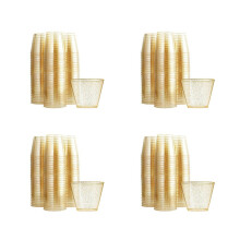 Gold Plastic Cups, Clear Plastic Wine Glasses, Unique Disposable Hard Plastic Cups with Gold Glitter for Parties, 100 Pieces