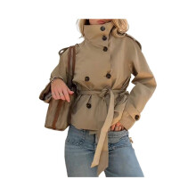 Kurzer Damen-Trenchcoat, doppelreihig, Stehkragen, Herbst-/Wintermantel, trendiges Outfit mit Gürtel,
