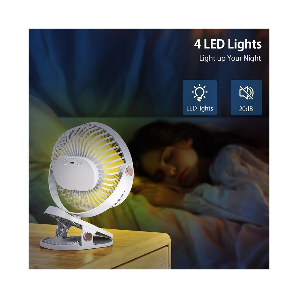 Off- Portable Clip-On Desk Fan 1200Mah Brushless Motor Usb Rechargeable 4-Speed Quiet Mini Fan With Led 360 Rotating Personal Cooling Fan White/Light 8581299263243