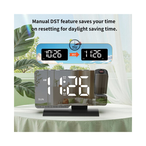 Digital projection clock, bedside alarm clock, 7.3" LED mirror with date display, dual alarm, daylight saving time adjustment, snooze function, white 1