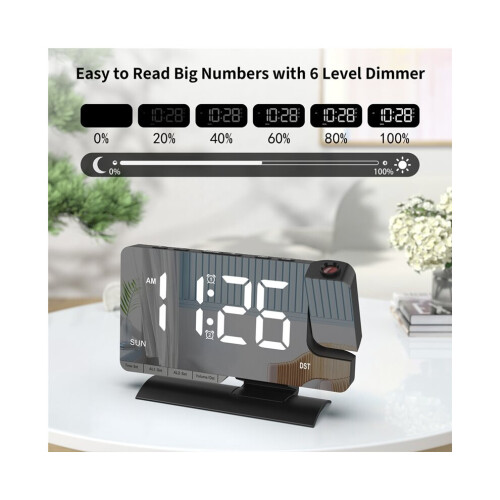 Digital projection clock, bedside alarm clock, 7.3" LED mirror with date display, dual alarm, daylight saving time adjustment, snooze function, white 2